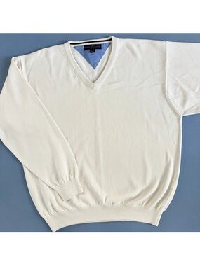 Vintage Tommy Hilfiger Golf V-Neck Cream Cotton Preppy Mens Sweater